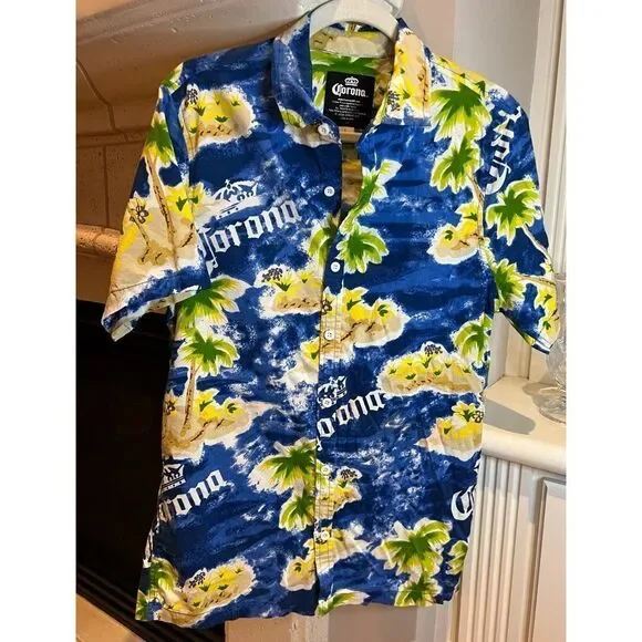 Corona Beer Hawaiian Aloha Short Sleeve Cabana Blue Yellow Shirt Size Large - Picture 2 of 11